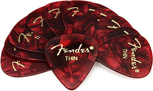 Fender Celluloid-Plektren, 351 Form, dünn, klassisch, 12 Stück, rotes Moto für E-Gitarre, Akustikgitarre, Mandoline und Bass