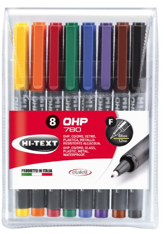 Hi-Text 780 OHP busta trasparente 8 marcatori punta fine inchiostro indelebile per pellicole 8 colori differenti