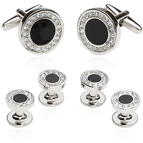 Black Onyx and Crystal Silver Cufflinks and Studs Formal Set with Box