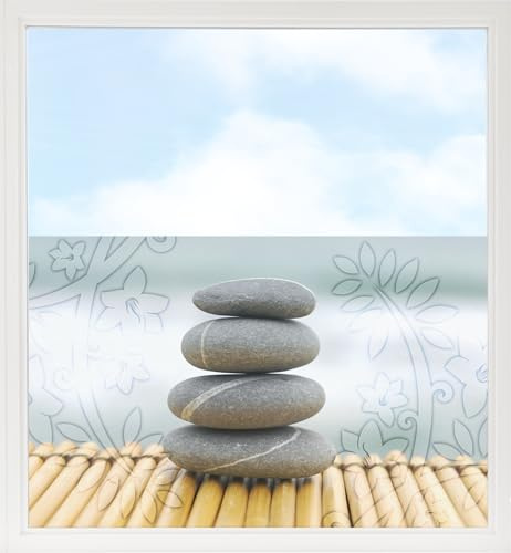 GRAZDesign Fensterfolie Blickdicht, Wellness-Motiv für Bad, Sandstrahloptik, Selbstklebend, UV-beständig, Vinyl, für Dusche und Fenster (90x57cm)