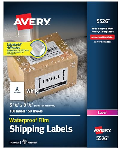Avery Durable Waterproof Shipping Labels with Sure Feed Technology, 5.5 x 8.5, White, Laser Compatible, 100 Blank Labels Total, Great for Mailing, Branding, and More (5526)