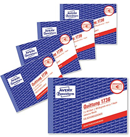 AVERY Zweckform 1736-5 Quittungsblock (A6 quer, 2x40 Blatt, mit Durchschlag, fälschungssicher, inkl. MwSt., für Deutschland und Österreich) 5er Pack weiß/gelb