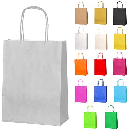 Thepaperbagstore 10 Silberne kleine Papiertüten mit Henkle 18 x 22 x 8 cm | Farbige, recycelbare Kraftpapiertüten für Süßigkeiten, Geschenke, Hochzeiten, Partys & Events.
