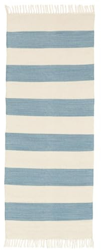 RugVista Cotton Stripe, Teppich, Kelim Modern, 200 x 80 cm, Rechteckig, Mittlerer Stapel, Nur chemische Reinigung, Care & Fair Zertifiziert, Hell Blau
