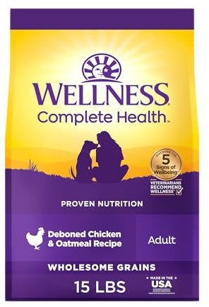 Wellness Complete Health Adult Dry Dog Food, Wholesome Grain Kibble, Natural, Chicken and Oatmeal Recipe, 15 lb Bag