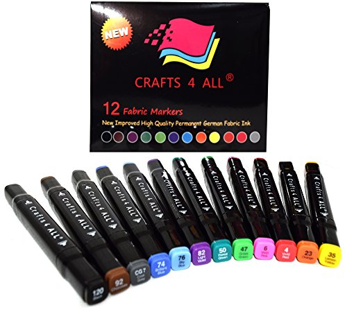 Crafts 4 ALL Fabric Pens - Pack of 12 Permanent, Dual Tip Fabric Markers in Vibrant Colours - Paint Pens for Paper, Bags, Shoes & Clothes