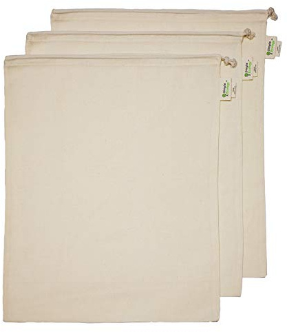 Simple Ecology Reusable Organic Cotton Muslin Grocery Shopping Produce Bags - XLarge 3 Pack (Heavy Duty, Washable, Produce Saver Bags, Food Storage, Bulk bin, Tare Weight tag, Drawstring)