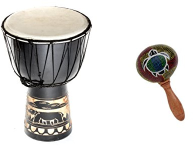 40cm Große Djembe Trommel Bongo Drum Elefant Schwarz + Rassel Schildkröte R1