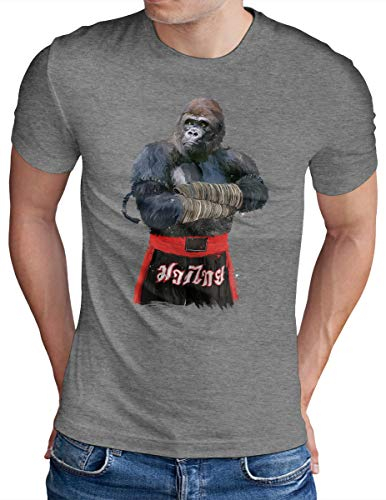 OM3® Muay-Thai-Gorilla T-Shirt - Herren - Thailand Martial Arts Fight Boxing Club - Grau Meliert, 4XL