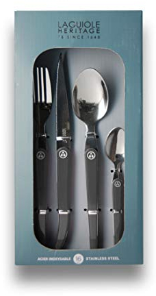 Laguiole Héritage - Ménagère 16 pièces design Acidulé, Noir carbone, Acier Inox et ABS, Couverts de table pour 4 Personnes, Présentation Coffret Cadeau