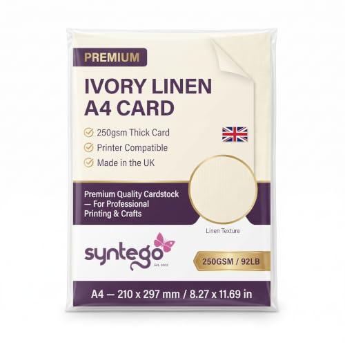 Syntego A4 Linen Card 250gsm – Recycled Silkweave Textured Card for Printing, Invitations, Menus & Crafts (10, Ivory)