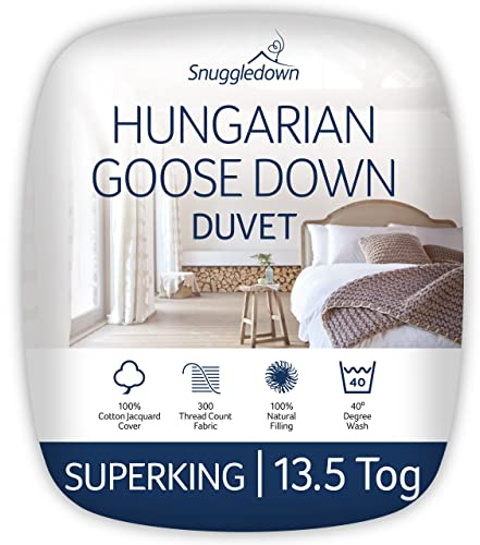 Snuggledown Ungerskt gåsdun super king-täcke – 13,5 Tog varmt vinterpremiumtäcke perfekt för kalla och kyliga nätter – jacquard-bomullsskydd, allergivänligt, maskintvättbart, storlek (260 cm x 220 cm)