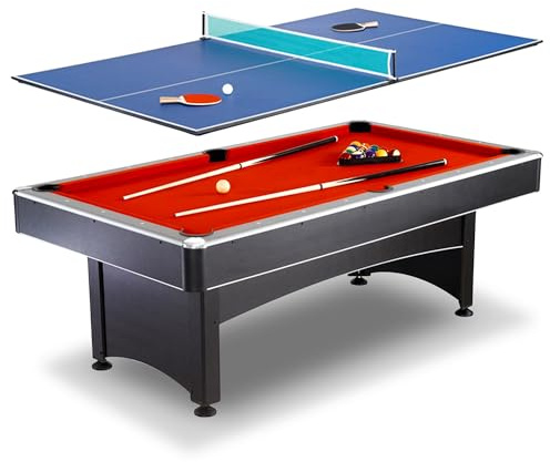 Hathaway Maverick 7 Foot Pool Table with Table Tennis Top – With Accessories for Both Games – Space-Saving Ping Pong and Pool Table Combo for Families – Matte Black Finish, Red Felt