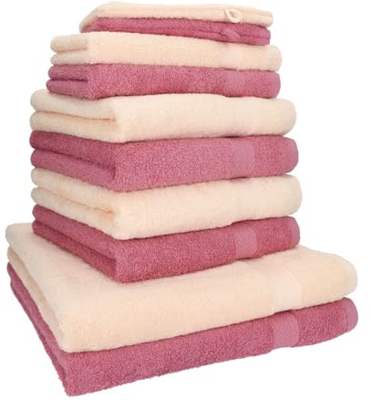 Betz 10-TLG. Handtuch-Set Premium 100% Baumwolle 2 Duschtücher 4 Handtücher 2 Gästetücher 2 Waschhandschuhe Farbe Altrosa & Beige