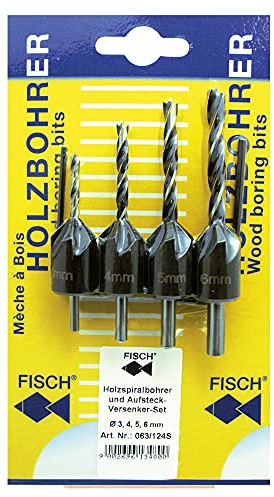 FISCH - Holzspiralbohrer + Aufsteckversenker Set 8-tlg. Ø 3-4-5-6 mm
