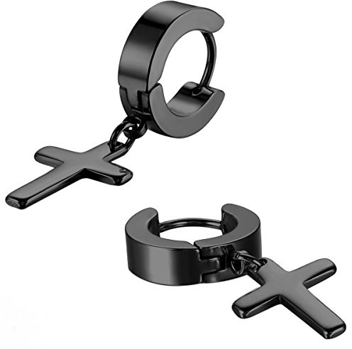 Jewelrywe Gioielli Orecchini Unisex Croce Religione, Pendente Croce Orecchini a Cerchio, Acciaio Inossidabile, Argento/Nero/Oro, Incisione Regalo(con Borsa)