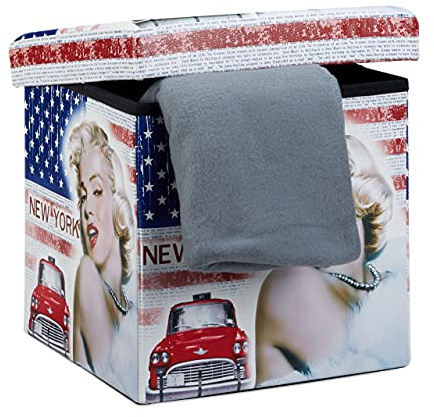 Relaxdays Faltbarer Sitzhocker Marilyn Monroe, stabil, New York | mit trendigen Motiven, Kunstleder, Aufbewahrungsbox