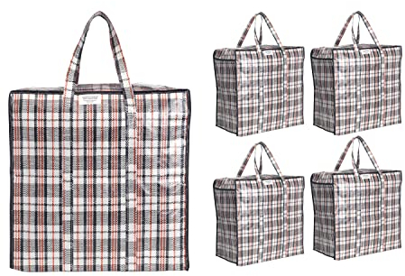 Josephine Osthoff Unisex-Aufbewahrungstaschen, robust und wasserdicht, mit Reißverschluss. 75 Liter Fassungsvermögen, belastbar bis 20 kg. Ideal für Umzug und Einkauf. Schwarz/Weiß, 5er-Pack.