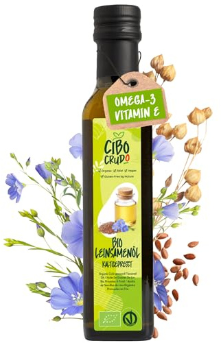 Huile de Lin Alimentaire Bio 250ml CiboCrudo - Pressée à Froid Brute Pure - Riche en Omega 3 Antioxydants Vitamines - Usage Alimentaire et Cosmétique Vegan EU Organic Made in Italy