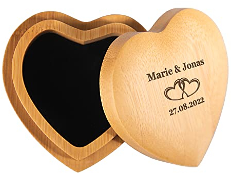 Geschenke 24 Ringbox Ringkissen mit Deckel Hochzeit Mit Gravur (Herzmotiv, Bambusholz) - Ringkästchen Holz für Ringe mit Namen und Datum - Hochzeitsgeschenke für Brautpaar