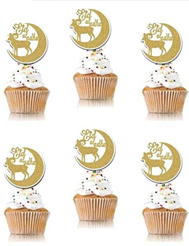 SWYOUN Cupcake Topper, 48PCS Glitter Sheep and Moon Design for Eid Al Adha, Islamic Muslim Party Supplies