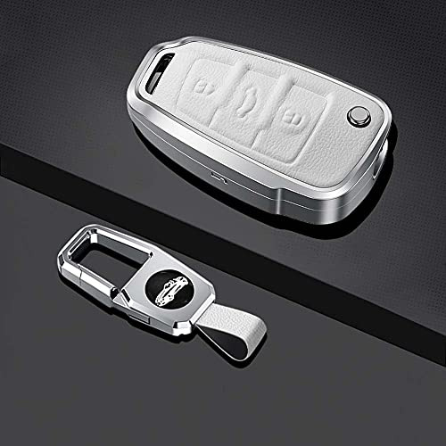 HIBEYO Smart Autoschlüssel Hülle passt für Audi Schutzhülle Schlüsselhülle Cover für A1 A3 A4 A6 Q3 Q5 Q7 S3 R8 TT Seat 3-Tasten Schlüsselbox Schlüsselanhänger Leder Aluminiumlegierung-Weiß