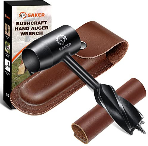 Saker Bushcraft Handbohrer, Holzbohrer, Scotch Eye, Survival-Werkzeug, mit Lederetui, für Holzprojekte und Überlebensschuppen