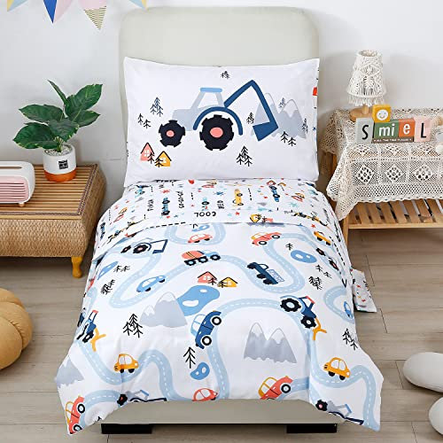 STYHO Toddler Bedding Set Cars Print Duvet Cover Set for Boys/Junior Reversible Lovely Colorful Comforter Cover Soft Breathable Truck Cot Duvet Covers(White, Cot Bed)