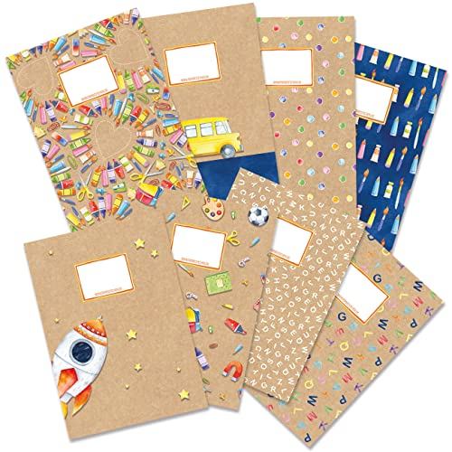 Papierdrachen 8 hochwertige Heftumschläge aus Papier für Kinder | DIN A4| Motiv Aquarell - Heftschoner ideal für die Schule - Heftumschlag 250g/m² - Set Nummer 13
