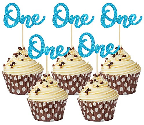 Gyufise 24Pcs One Cupcake Toppers Light Blue Glitter First Birthday Cupcake Picks for Kids Baby Shower 1st Birthday Cake Decorations Party Supplies