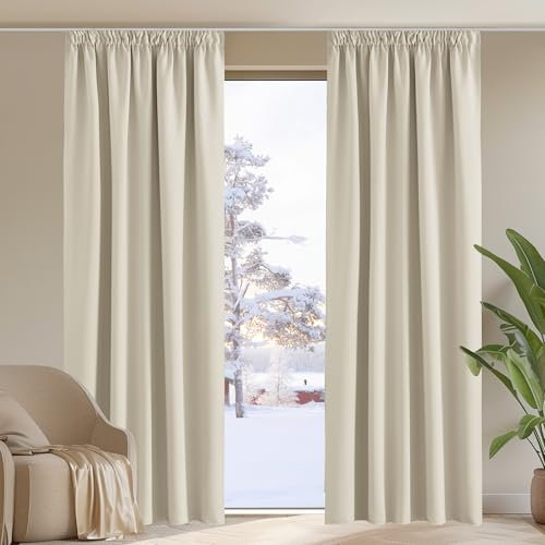 PONY DANCE Pencil Pleat Door Curtain Blackout - 2 Panels Thermal Insulated Curtains for Living Room Privacy Screen Heat Cold Blocking, 66 inch Width x 84 inch Drop, Light Beige