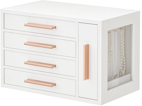 HOOBRO Schmuckkästchen, Schmuckbox aus Holzwerkstoff mit Glasfenster, 4-stufige Schmuckaufbewahrung, Schmuckkoffer für Ohrringe, Halsketten, Ringe, Weiß und Goldfarbe EWD09JB04