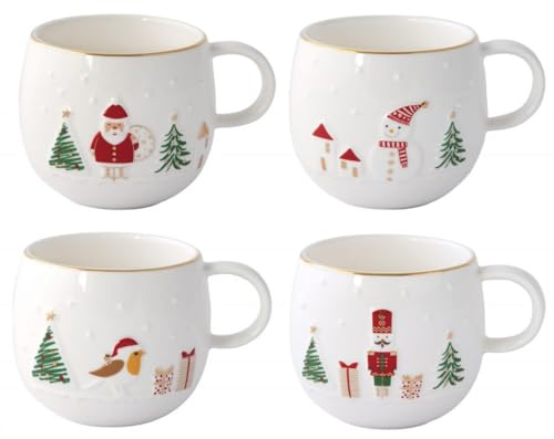 Easy Life Tasse aus Porzellan, 400 ml, 4er Set, 'Let it snow', Mikrowellengeeignet, Zuhause, Klassiker, Rund, Wiederverwendbar, Klassisch