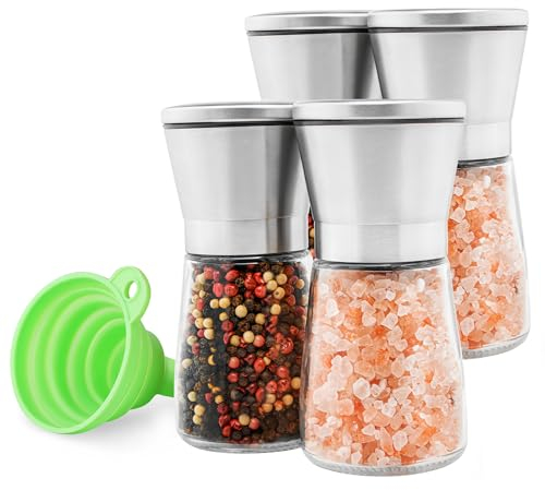 Juego de 4 molinillos de sal y pimienta de acero inoxidable de, molinillo de sal marina y molinillo de pimienta de cerámica ajustable, salero y pimentero de vidrio, molinillo de pimienta