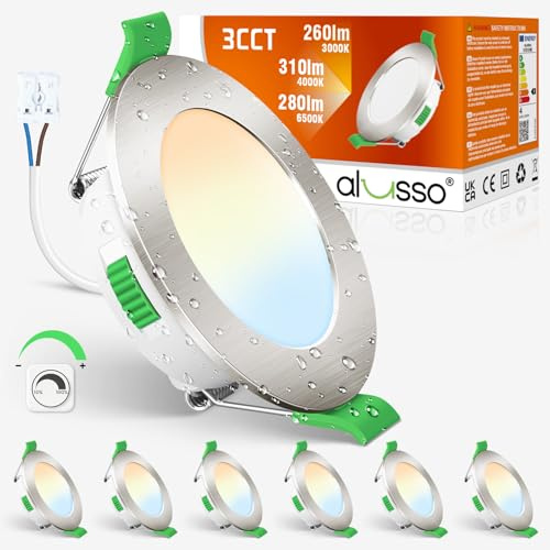 ALUSSO LED Einbaustrahler 55-68mm 4W Dimmbar 3CCT 6er Set | 310LM LED Spots 230V, IP44 Einbauspots für Wohnzimmer, Warmweiß 3000K Neutralweiß 4000K Kaltweiß 6500K
