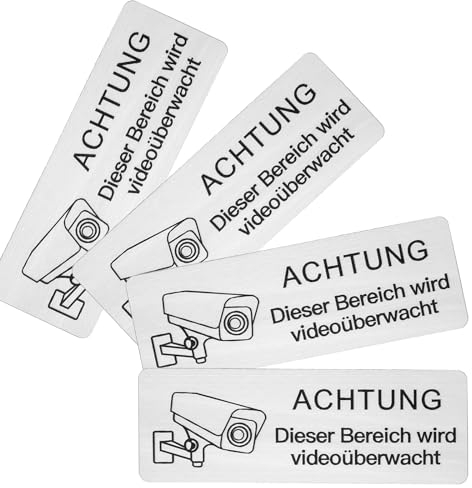 Neodtx Videoüberwachung Schild - 4 Stück Privatgrundstück Hinweisschild, 8.5x3cm, Selbstklebend, Aluminium, Rostfrei, Kamera Überwachung, Klein