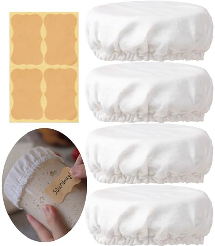 Perenllareta 4 inch Sourdough Jar Cover, Wide Mouth Reusable Cloth Lid for Sour Dough Starter Jar, 4Pack Cotton Bread Fermentation Container Tops Elastic Fabric Caps for Weck Mason Kombucha Jars
