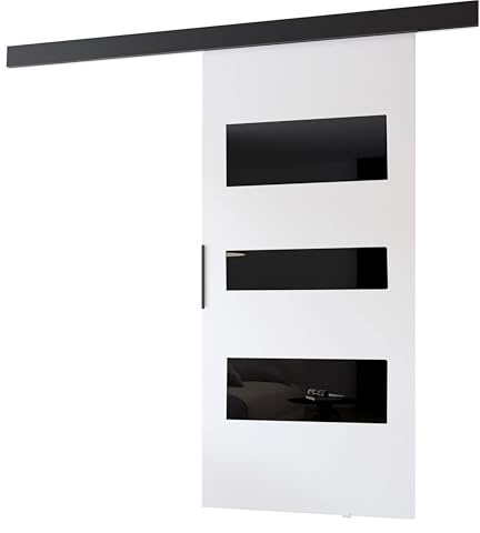 MINIO go for it - Schiebetüren 86 cm, Schiebetür Zimmertür PRIM C, Schiebetürsystem für Zimmer, Dekorative Elemente, Wandmontage, Türe Innen - Schwarz/Schwarzer Griff, Weiss/Schwarz