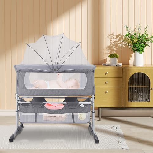 HUOLE Beistellbett,Stubenwagen Babybett,3 in 1 Babybett bis 25 kg, Höhenverstellbar Struktur aus Aluminiumlegierung-Höhenverstellug und Einstellung der Neigung der Matratze,grau