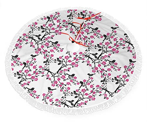 Tema de flor de cerezo, falda de árbol de Navidad con cordones y decoraciones de borlas, flores y pájaros florecientes, suministros de fiesta de Navidad, adorno de árbol, rosa y blanco, 36 pulgadas