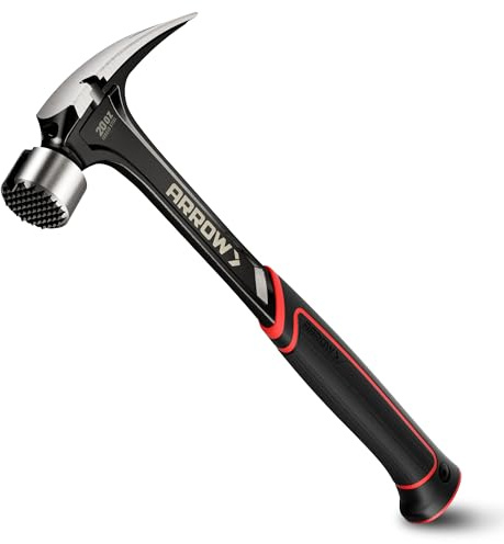 ARROW 20 oz Straight Claw Hammer with Magnetic Nail Holder, Side Nail Puller, Rip Claw Hammer with Milled Face & Shock Absorbing Grip, Heavy Duty One-piece Forged Hammer