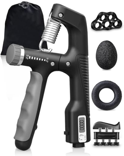 Hand Grip Musculation Avant Bras, Poignée réglable de 10 à 100 kg, Exerciseur de Doigts, Étireur de Doigts, Anneau d'exercice, Balle Anti-Stress avec Compteur Intelligent et Sac de Transport