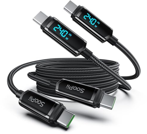 SooPii 240W Câble USB C vers USB C avec affichage LED, 2m 2Pièces, Noir | Nylon Tressé Type C Câble pour iPhone 17/16/15 Pro Max, Galaxy S25/S24, MacBook Pro/Air, iPad
