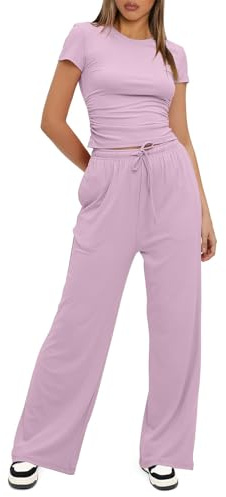 Mobeur Women's 2 Piece Outfits Lounge Sets Ruched Short Sleeve Tops High Waisted Wide Leg Pants Tracksuit Suit 2 Piece Loungewear Set Summer Travel Outfit for Ladies and Girls