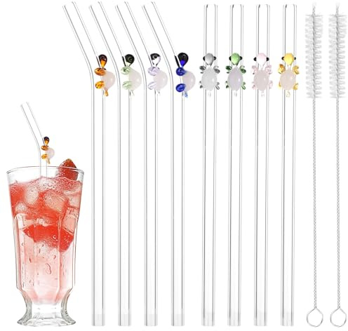 Gosknor 8pz Cannucce Vetro Riutilizzabili con Charm, Carina Tartaruga Cannucce Dritte & Curve con 2 Spazzole per Pulizia per Frullati Caffè Freddo Succo Infrangibile Stoviglie da Bere Estetiche