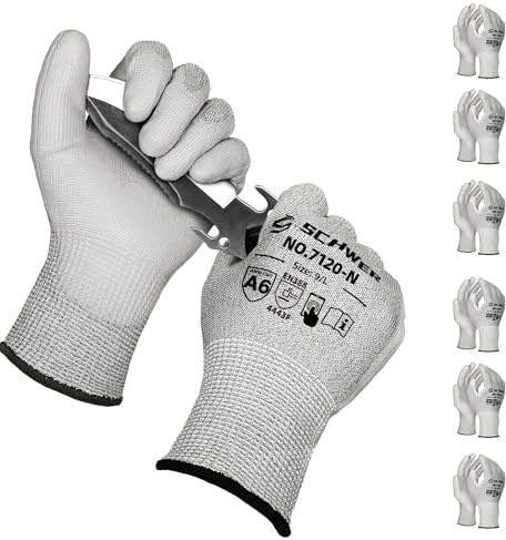 Schwer 6 Pairs Cut Resistant Gloves ANSI A6/A7 (Send Randomly) CR7120 Cut Proof Work Gloves, Touchscreen, for Men and Women Used for Woodworking, Glass Cutting, Construction, Car Repair, L