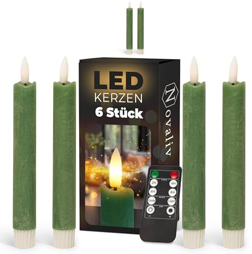 Novaliv Stabkerzen LED mit Timer Grün 6 Stück Indoor - 6 Stunden - ECHTWACHS 18cm Höhe für Kerzen 2,2cm Durchmesser 2 AAA Batterien notwendig LED Stabkerzen 2er Set Grün (Zwei Mal) bewegliche Flamme