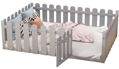 Goldicoo Bodenbett 140x200, Montessori Kinderbett mit Rausfallschutz, Gitterbett mit Tür, Holz