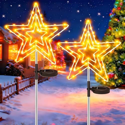 Cozymeow 2 Stück Led Stern Outdoor, Solar Weihnachtsbeleuchtung Außen IP65 | Wasserdicht Outdoor Weihnachtsdeko, 8 Modi Gartenstecker Weihnachten für Garten Wege Rasen Balkon Blumenkasten Hof Terrasse