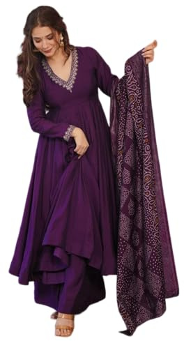 The Red Lion Enterprise Women's Long Anarkali Gown with Embroidered Dupatta Perfect for Weddings & Festive wear, Purple 0, XXXL